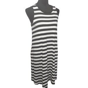 Black & White Striped Sleeveless A-Line Casual Tank Dress, Pockets, medium